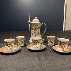 Vintage Japanese Teapot with 5 Tea Cups & 3 plate - Hand painted w parrot/flower
